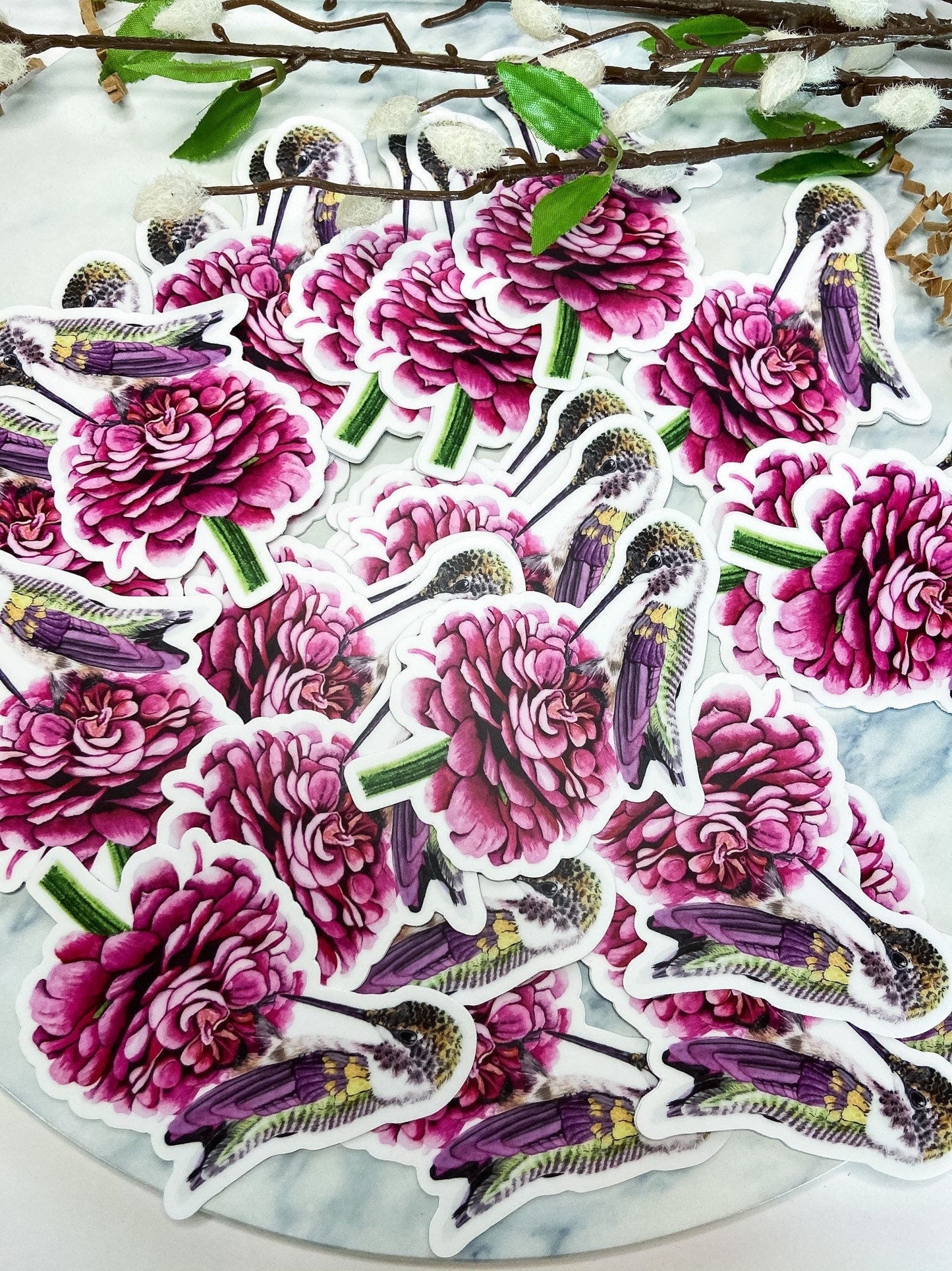 Hummingbird on Dahlia Flower - Bird Art by KB - Sticker