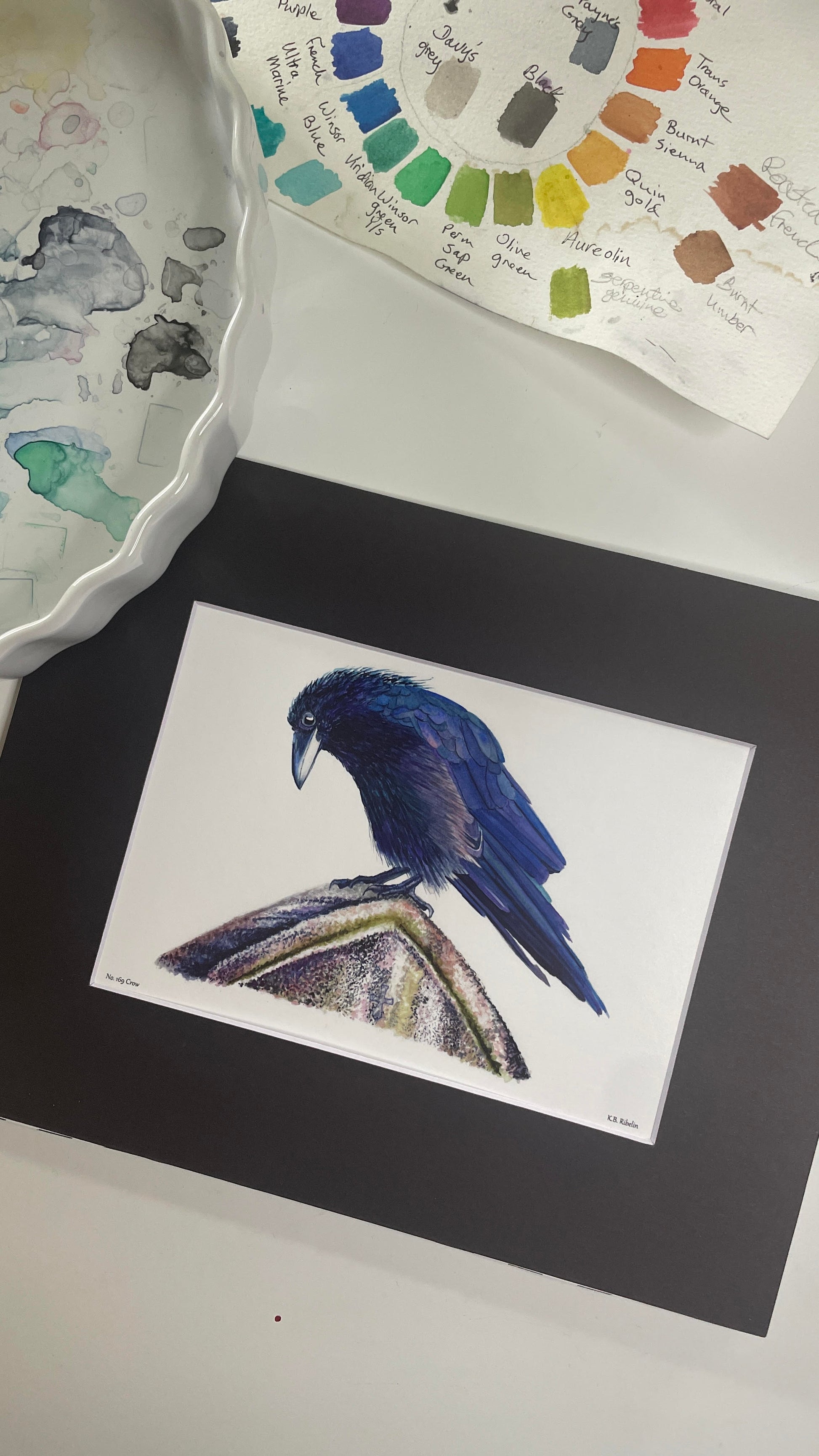 Crow - Bird Art by KB - Giclee Print with Black Mat