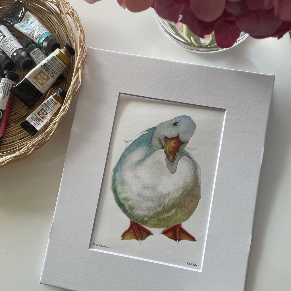 White Duck - Bird Art by KB - Giclee Print with White Mat