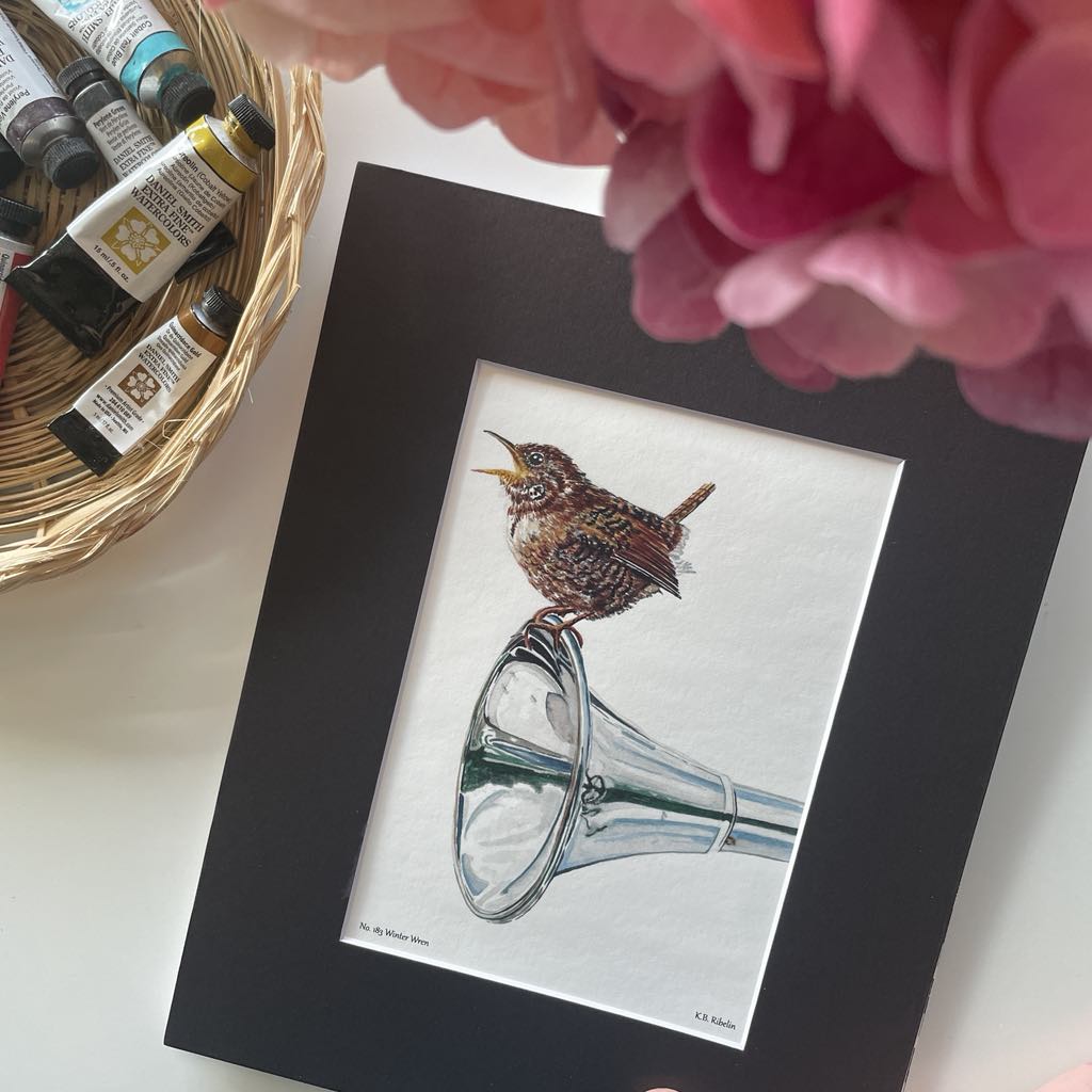 Winter Wren - Bird Art by KB - Giclee Print with Black Mat