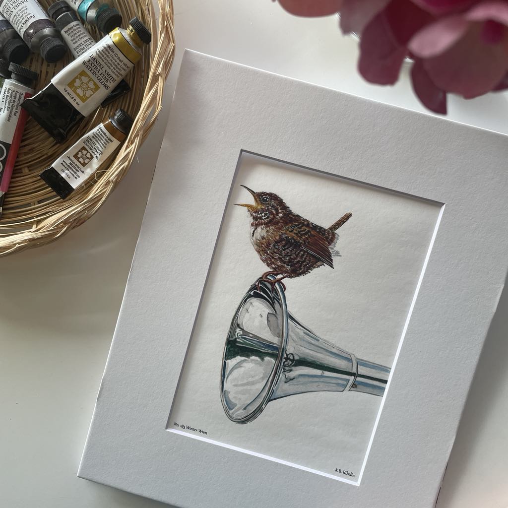 Winter Wren - Bird Art by KB - Giclee Print with White Mat