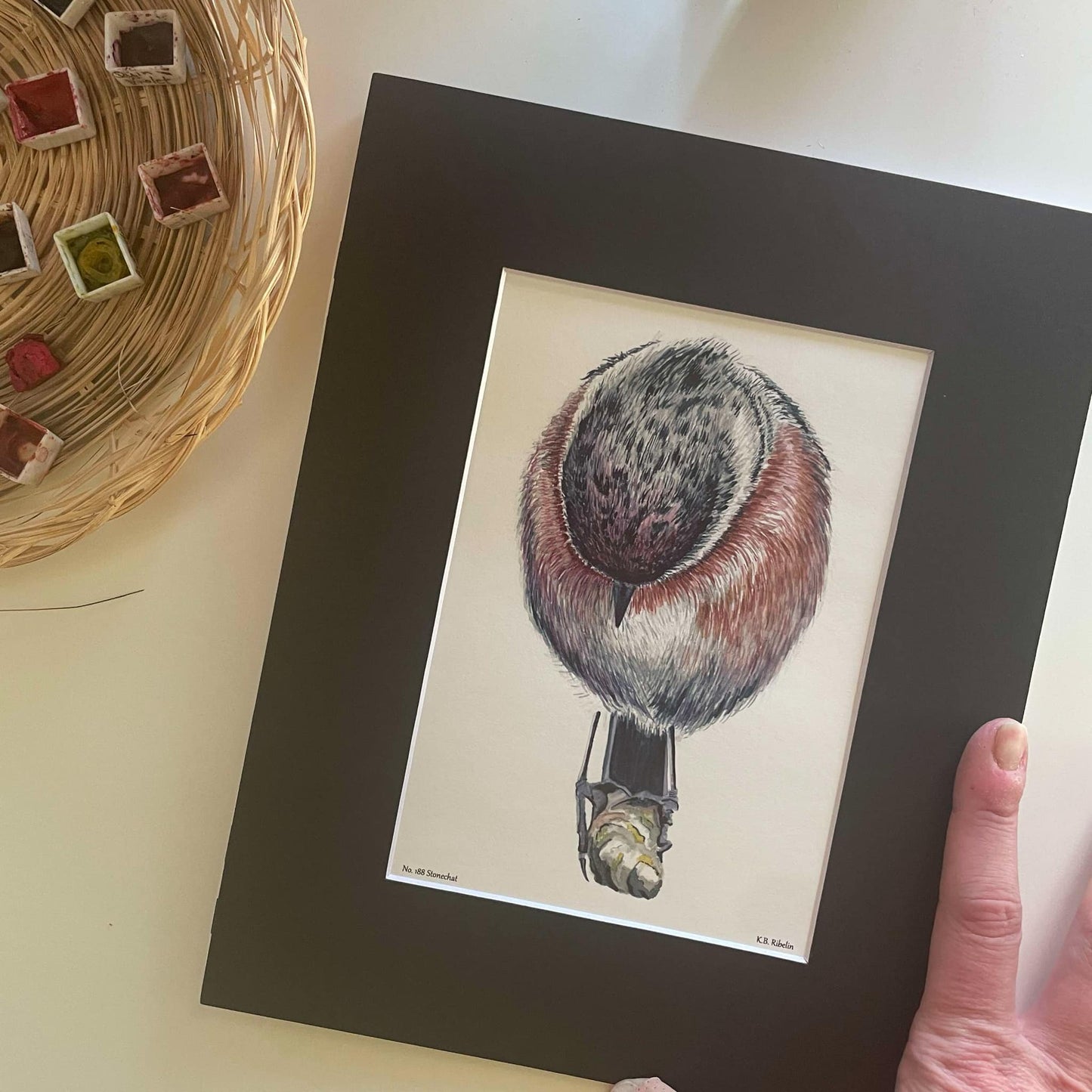 Stonechat - Bird Art by KB - Giclee Print with Black Mat