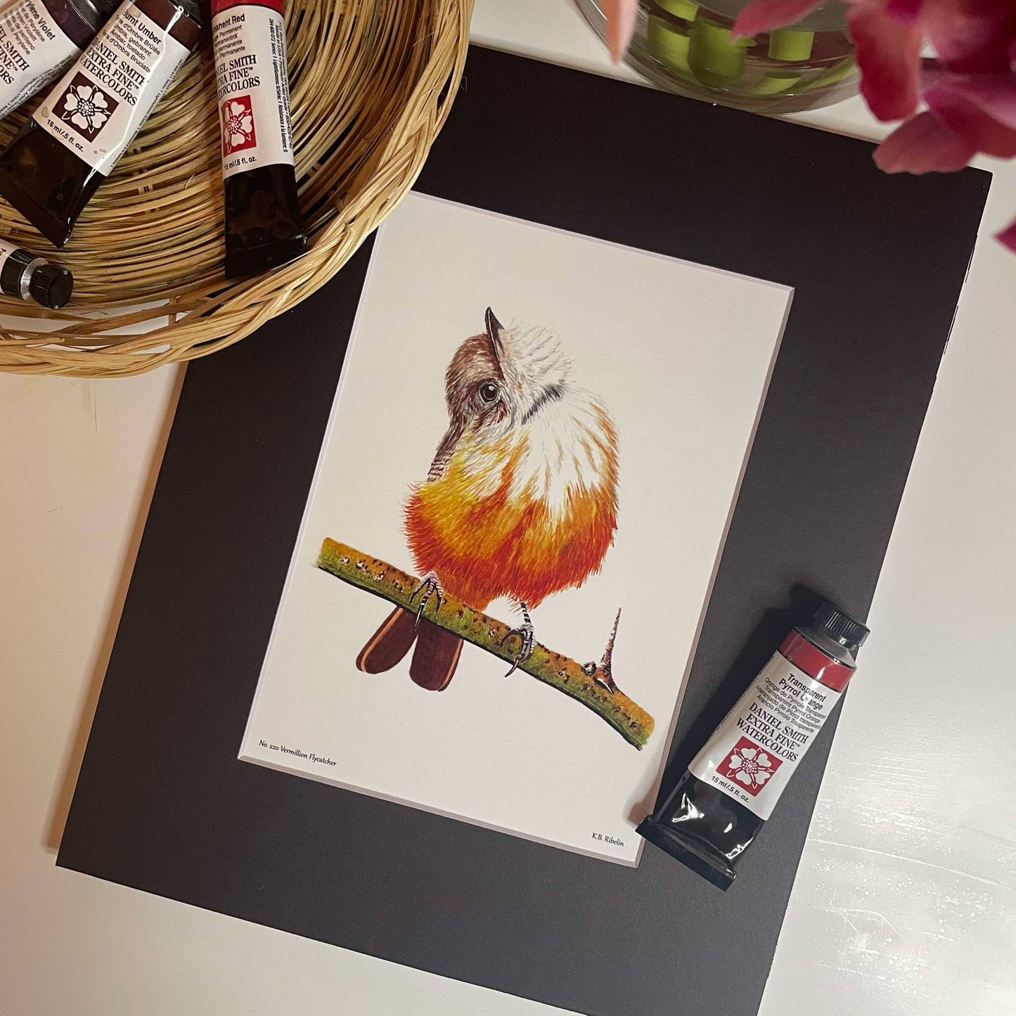Vermillion Flycatcher - Bird Art by KB - Giclee Print with Black Mat