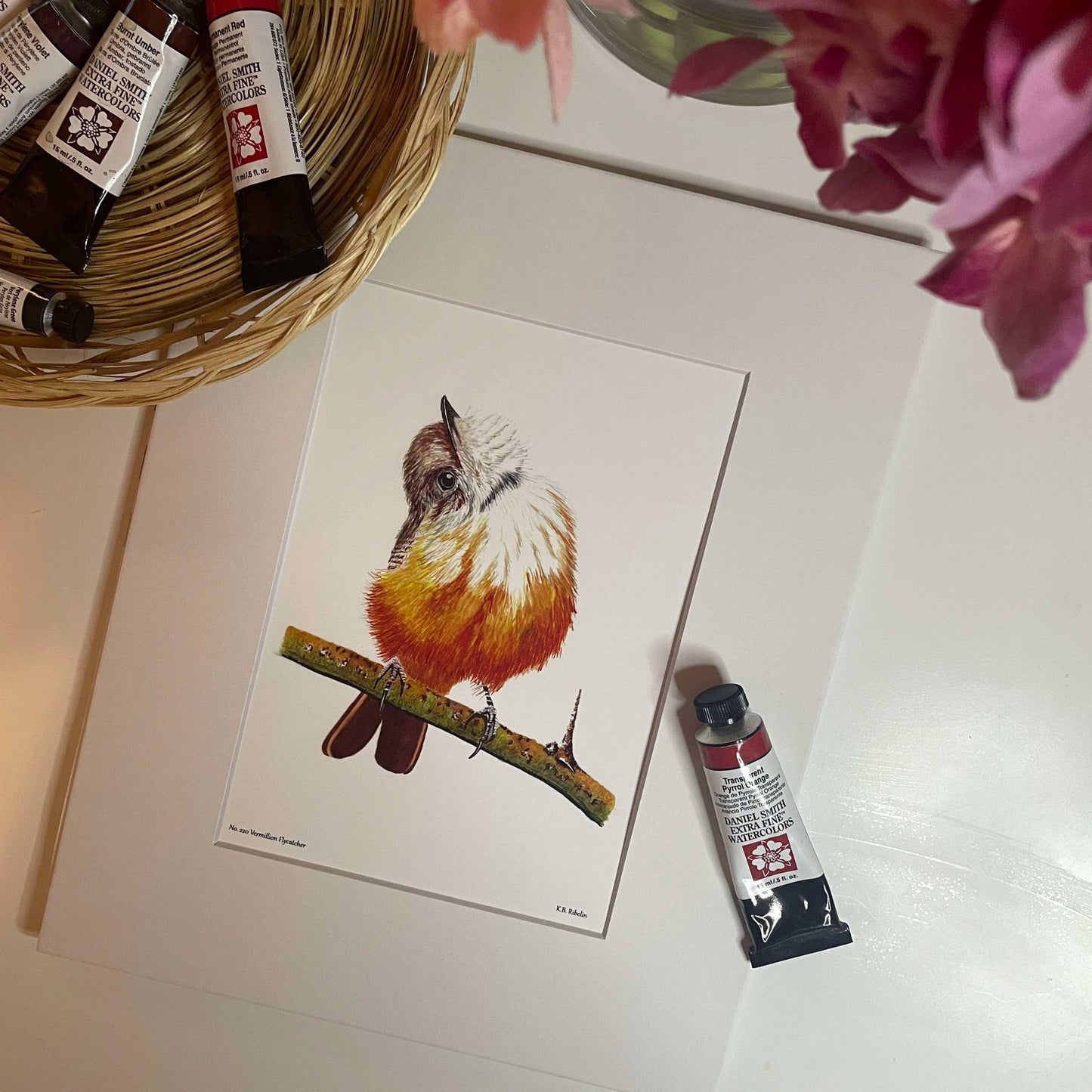 Vermillion Flycatcher - Bird Art by KB - Giclee Print with White Mat