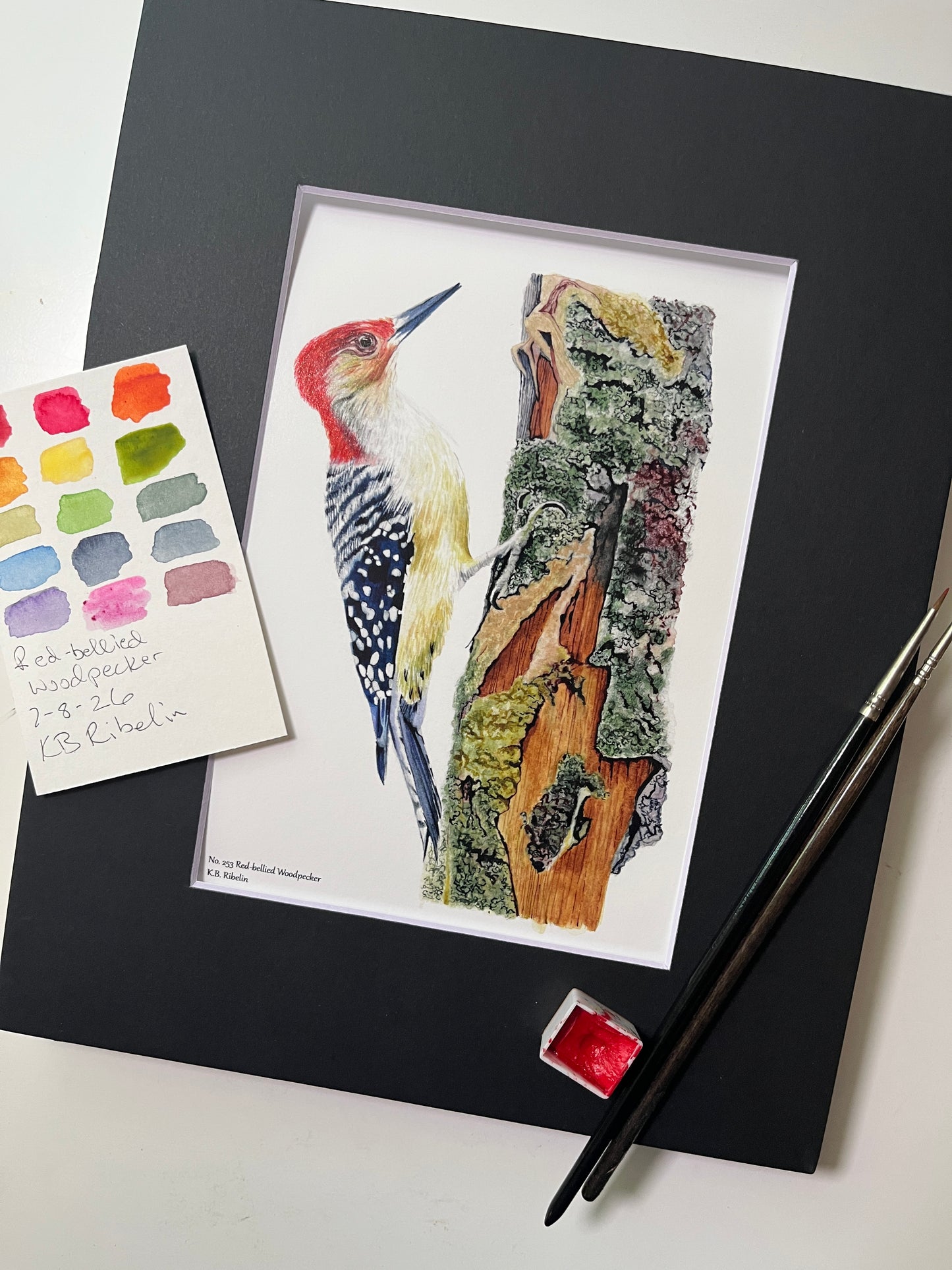 Giclee print of a red-bellied woodpecker perched on mossy tree bark with detailed forest textures displayed in a black mat.