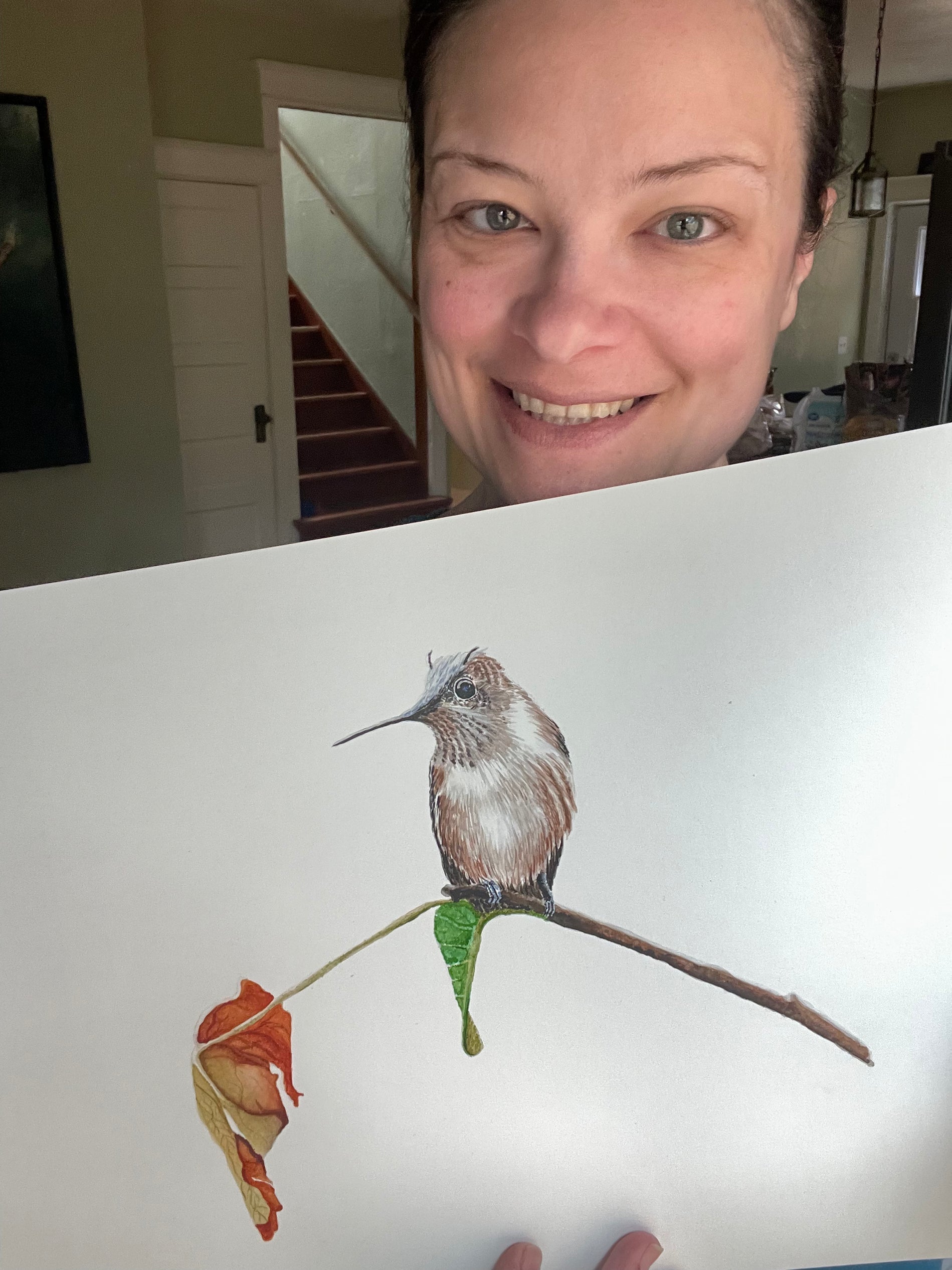 Tufted Hummingbird with Fall Leaf - Bird Art by KB