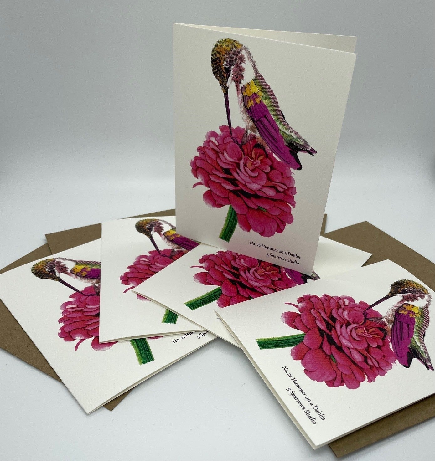 Hummingbird on Dahlia Flower - Bird Art by KB - Notecard Set