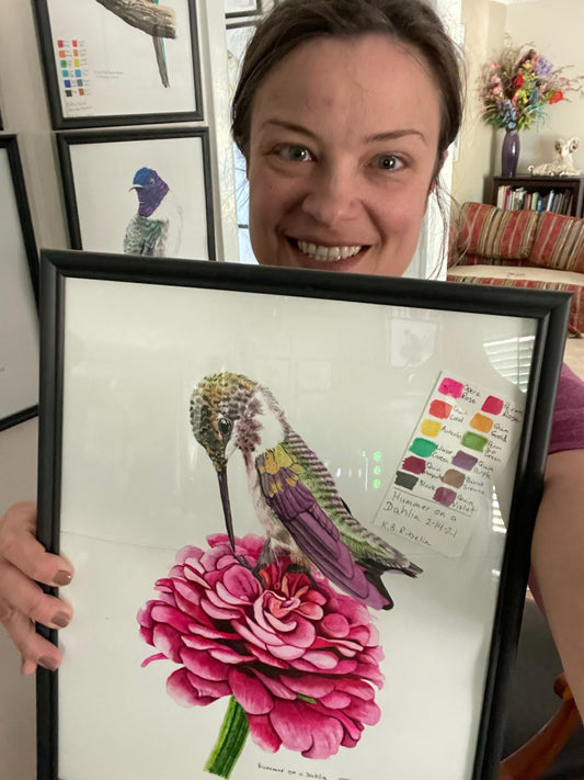 Hummingbird on Dahlia Flower - Bird Art by KB - Original