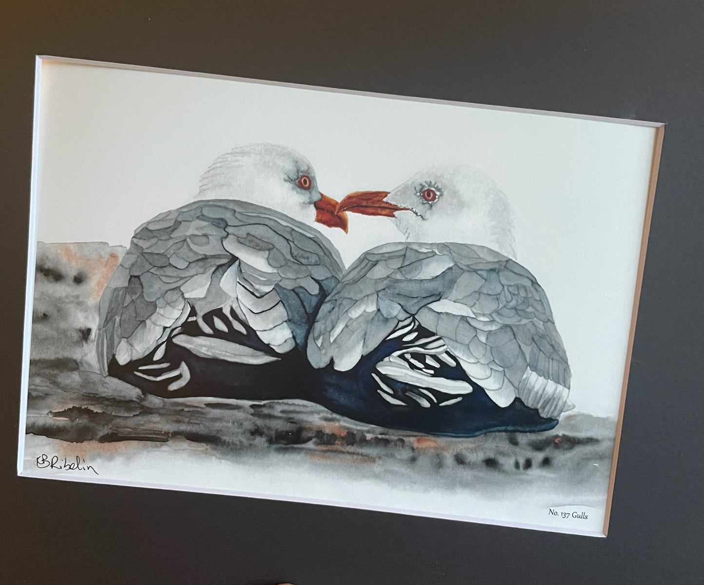 Sea Gulls - Bird Art by KB - Giclee Print with Black Mat