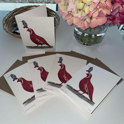 Hummer on a Garden Quail - Bird Art by KB - Notecard Individual