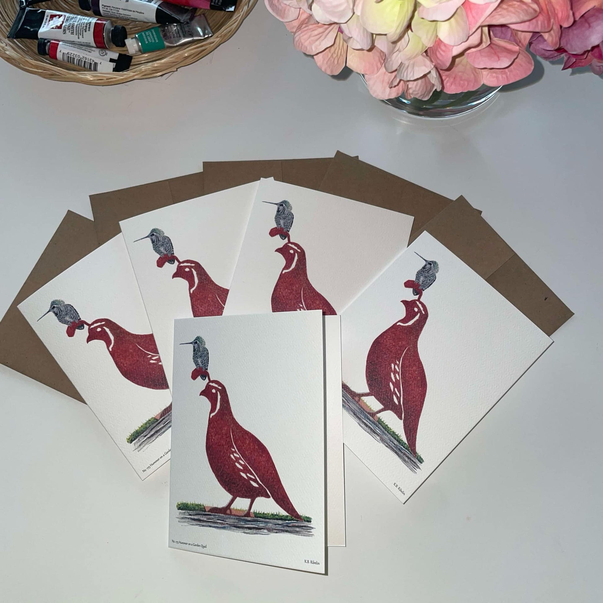 Hummer on a Garden Quail - Bird Art by KB - Notecard Set