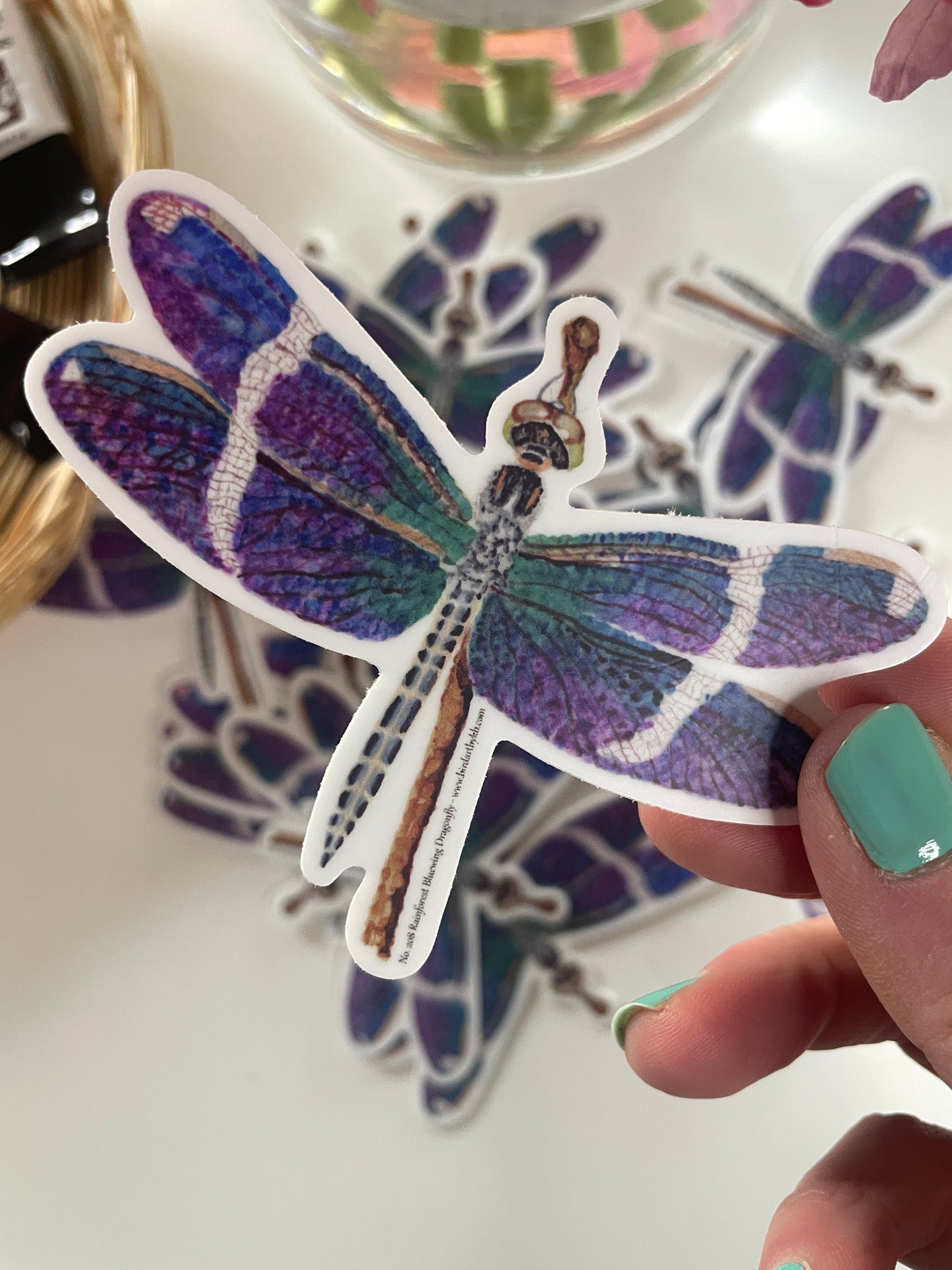 Rainforest Bluewing Dragonfly - Bird Art by KB - Sticker