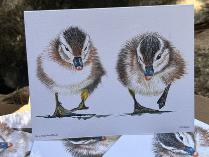 Baby Wood Ducks - Bird Art by KB - Notecard