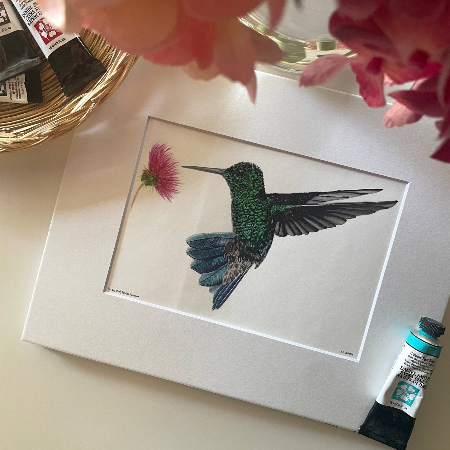 Steely Vented Hummer - Bird Art by KB - Giclee Print with White Mat