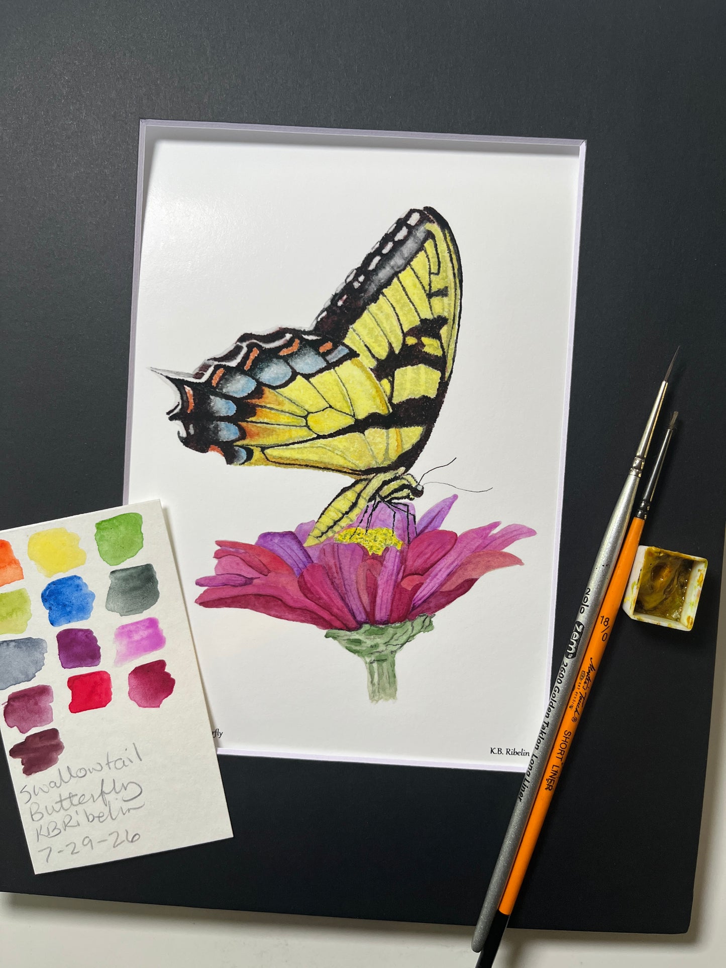 Giclee print of a eastern tiger swallowtail butterfly with yellow and black patterned wings displayed in a black mat.