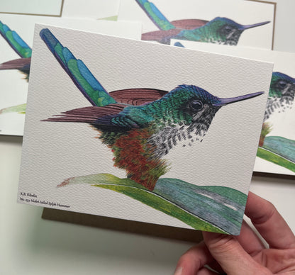 Single notecard printed with the violet‑tailed sylph hummingbird with emerald body and long violet tail streamers painting.