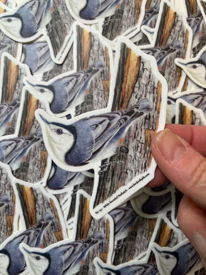 Sticker of the white-breasted nuthatch perched on a tree trunk artwork.