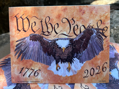bald eagle flying forward over parchment background with “we the people” lettering