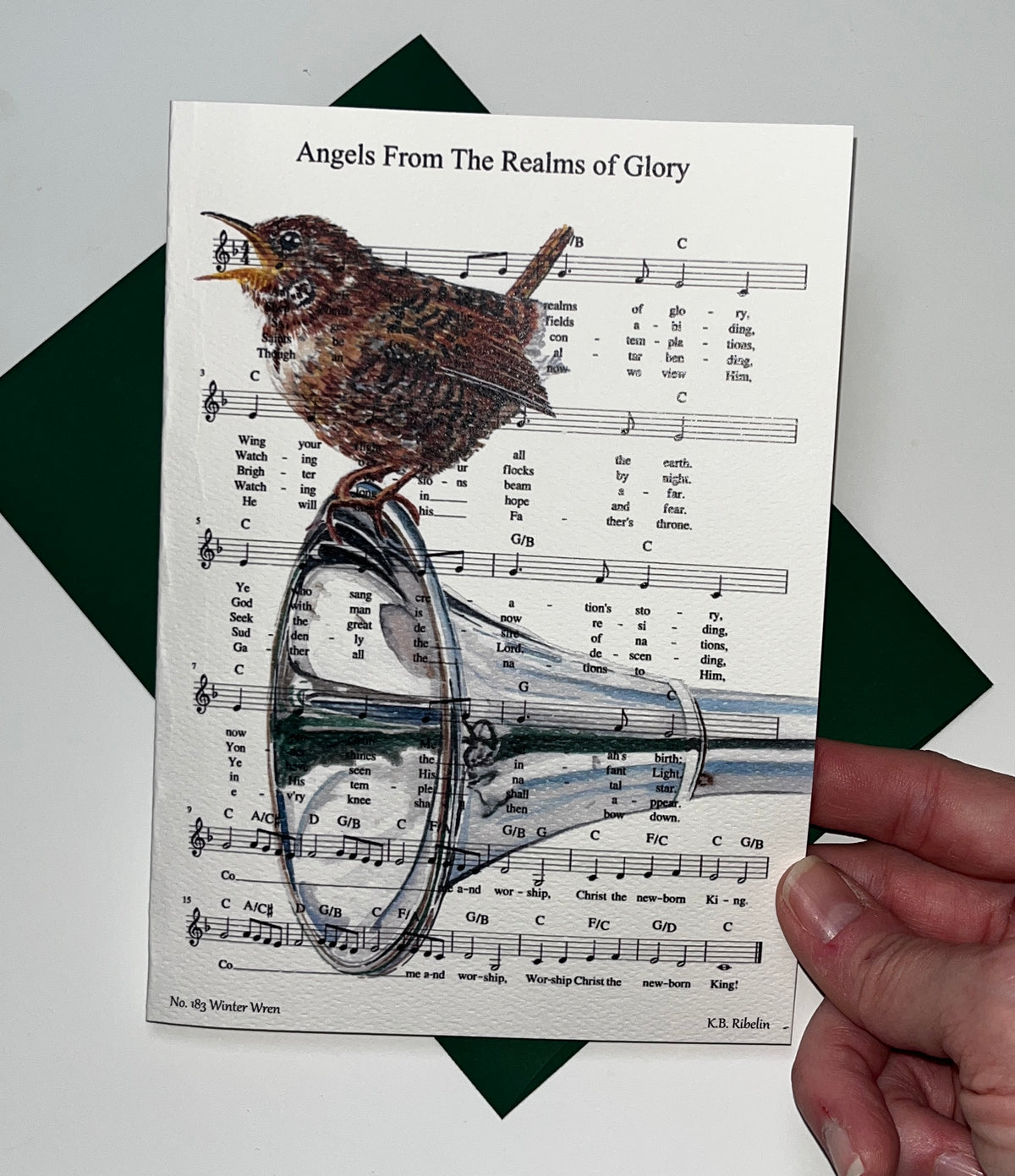Christmas 2026 notecard featuring Angels From the Realms of Glory with Winter Wren artwork by KB.