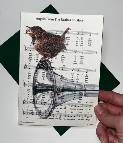 Christmas 2026 notecard featuring Angels From the Realms of Glory with Winter Wren artwork by KB.