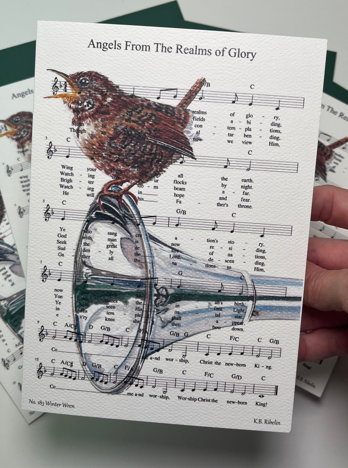 Christmas 2026 notecard featuring Angels From the Realms of Glory with Winter Wren artwork by KB.
