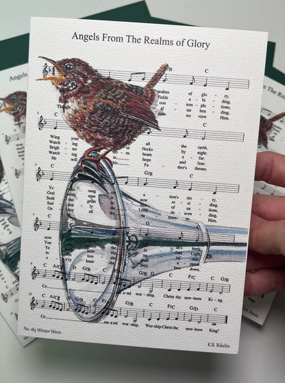 Christmas 2026 notecard featuring Angels From the Realms of Glory with Winter Wren artwork by KB.
