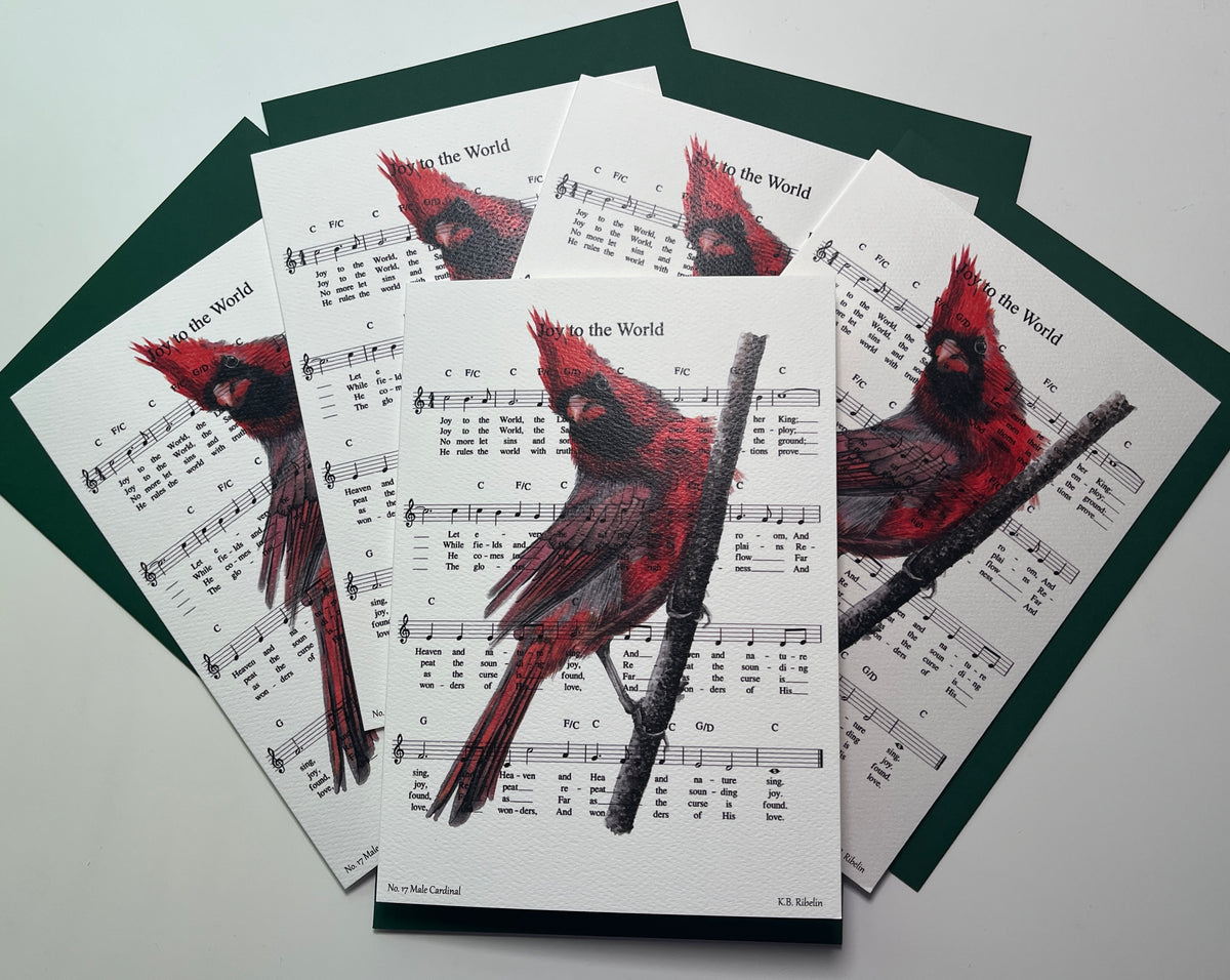 Christmas 2026 notecard set featuring Joy to the World with male cardinal artwork by KB.