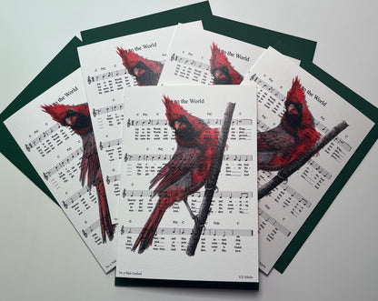 Christmas 2026 notecard set featuring Joy to the World with male cardinal artwork by KB.