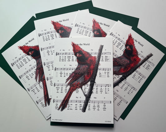 Christmas 2026 notecard set featuring Joy to the World with male cardinal artwork by KB.