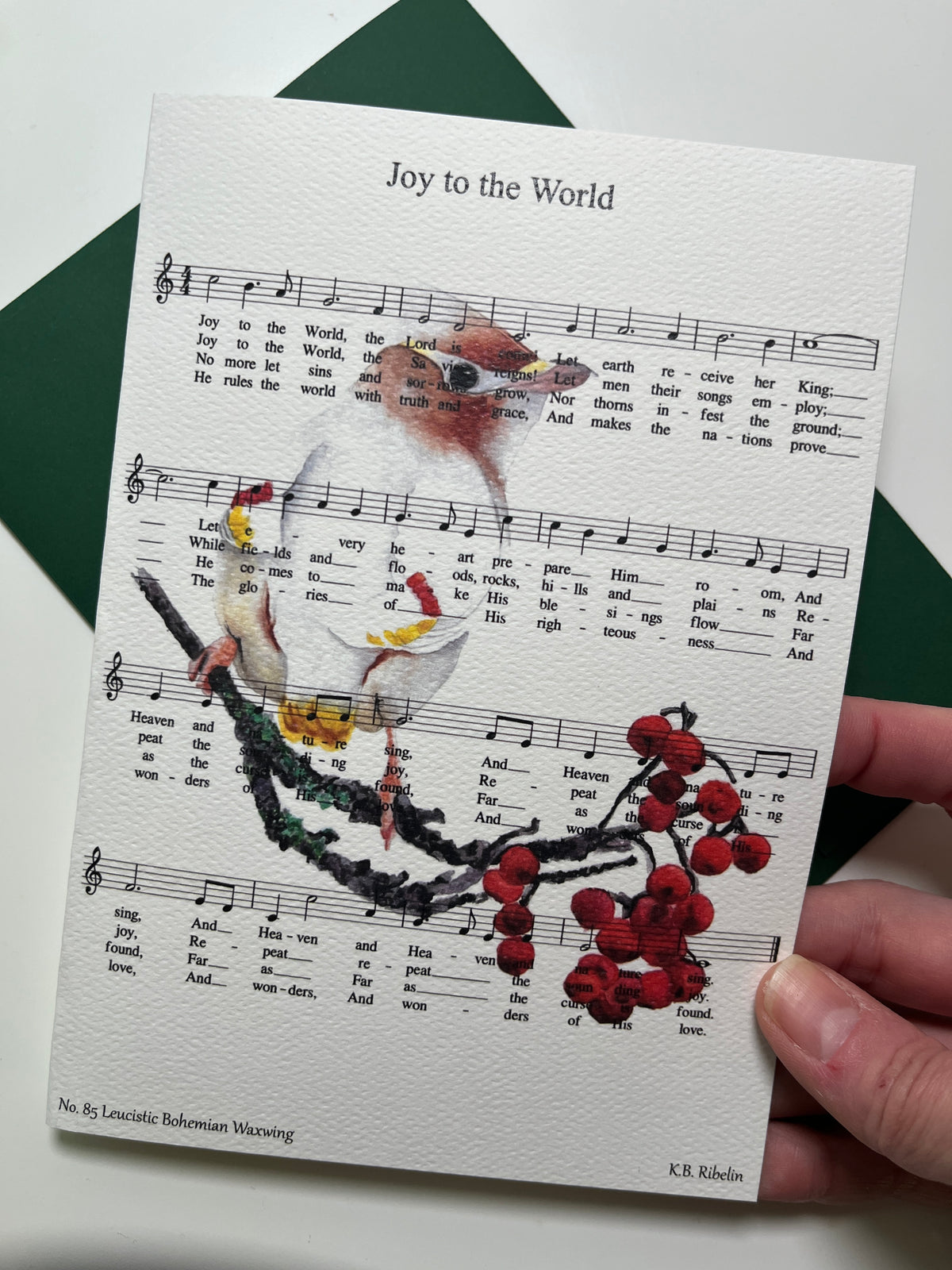 Christmas 2026 notecard featuring Joy to the World with leucistic Bohemian Waxwing artwork by KB.