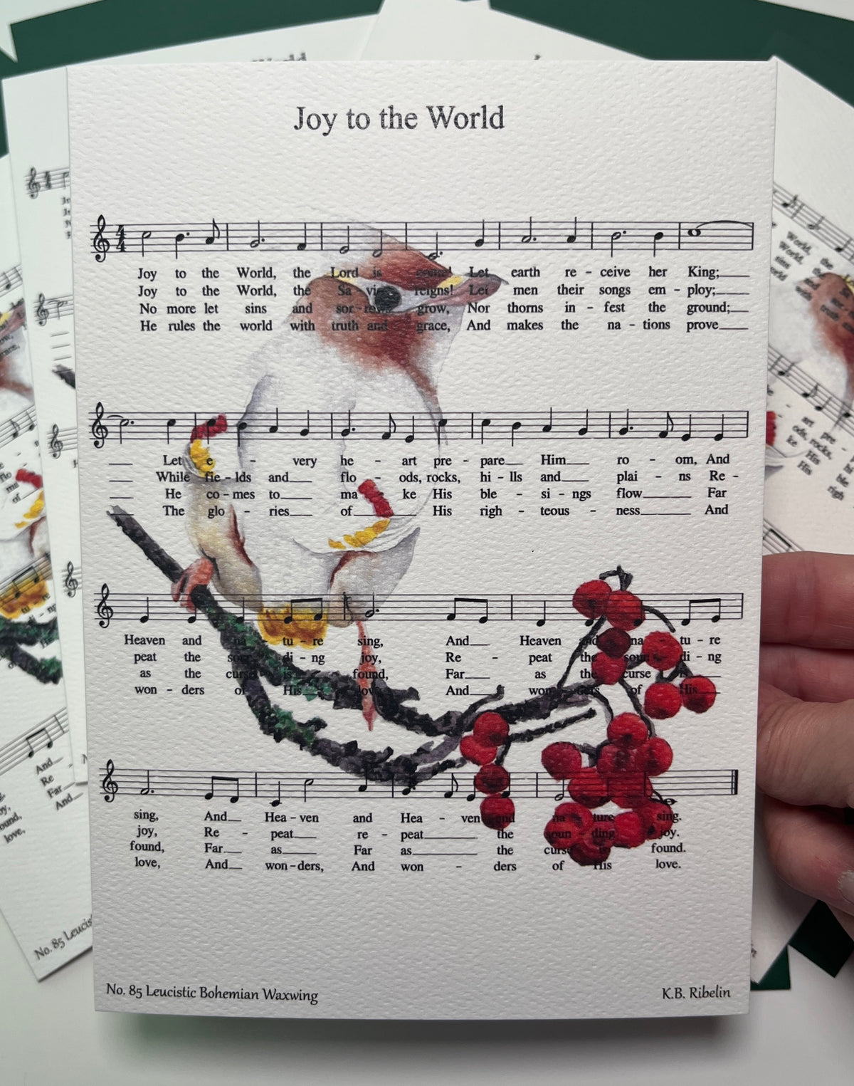 Christmas 2026 notecard featuring Joy to the World with leucistic Bohemian Waxwing artwork by KB.