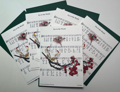 Christmas 2026 notecard set featuring Joy to the World with leucistic Bohemian Waxwing artwork by KB.