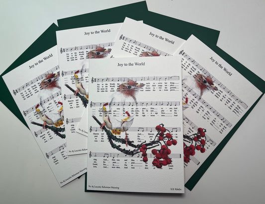 Christmas 2026 notecard set featuring Joy to the World with leucistic Bohemian Waxwing artwork by KB.