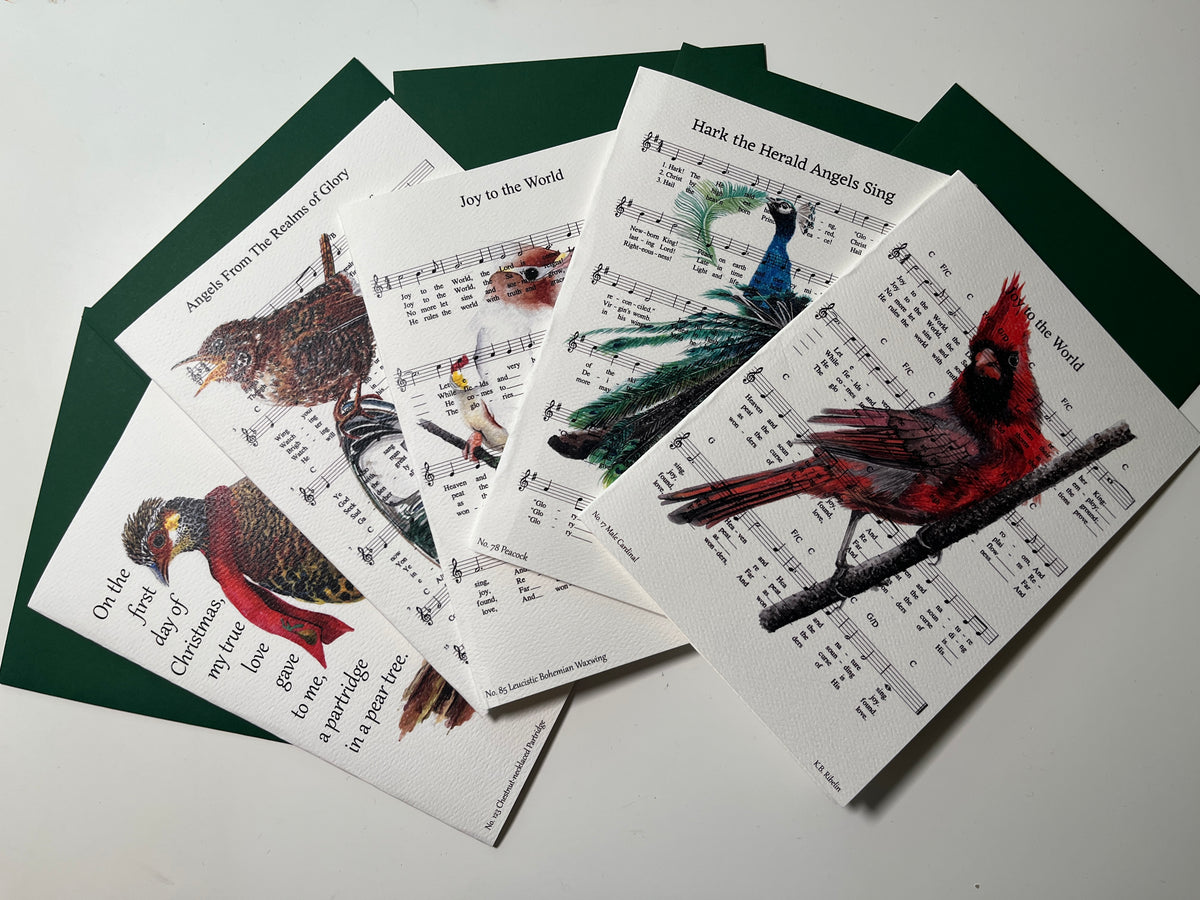 Christmas 2026 notecard featuring festive verse and bird artwork by KB.