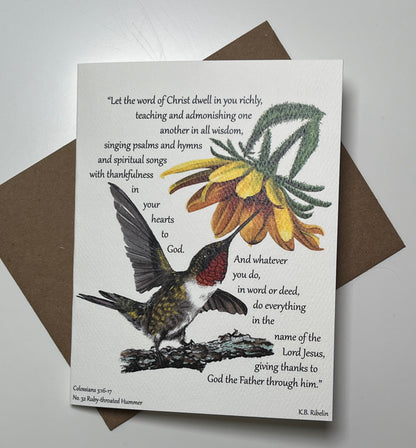 Hummers of Hope 4 notecard featuring Colossians 3:16–17 and bird artwork by KB