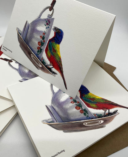 Notecard set featuring the painted bunting on a floral teacup artwork.